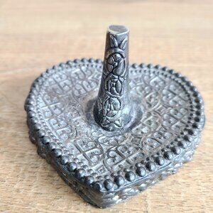Elegance Silver plate heart shape  ring holder stand with floral design.